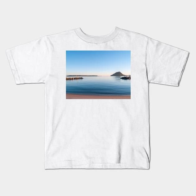 Landmark Mount Maunganui on horizon across Tauranga harbour Kids T-Shirt by brians101